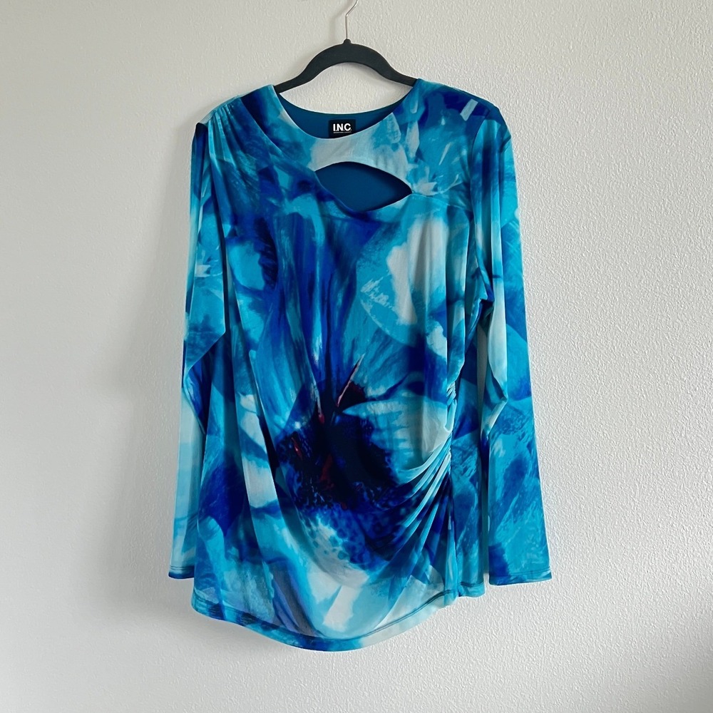 INC Blue Floral Keyhole Draped Ruched Long-Sleeve Mesh Blouse 2X Whimsical Chic